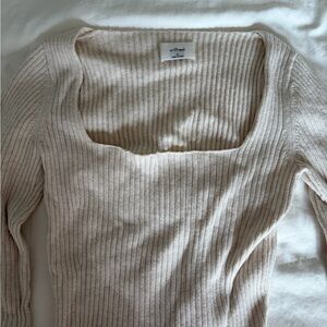Aritzia (Wilfred) HomeStretch Rib Square-neck / Beige Ribbed Women's Sweater